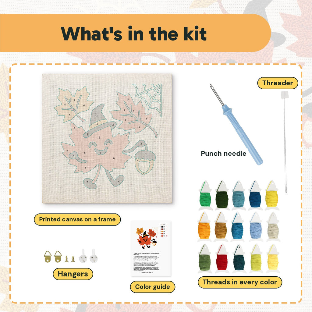 What is in the Maple Leaf Witch kit: printed canvas, punch needle, threader, threads, color guide and hangers