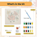 What is in the Maple Leaf Witch kit: printed canvas, punch needle, threader, threads, color guide and hangers