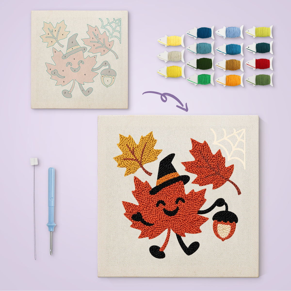 Maple Leaf Witch canvas before and after punching, with the threads and tools