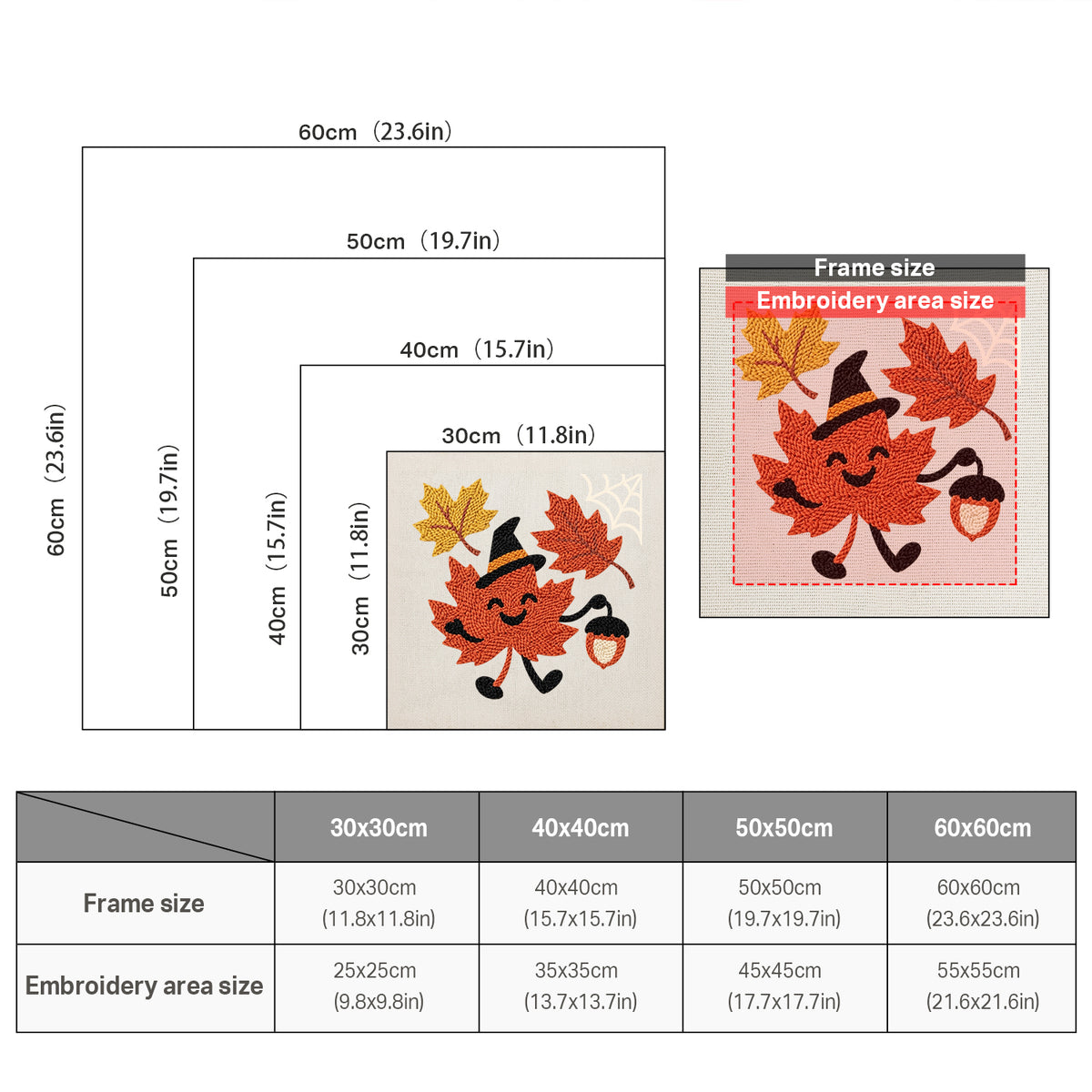 Size chart for square punch needle kits from 30 x 30 cm to 60 x 60 cm
