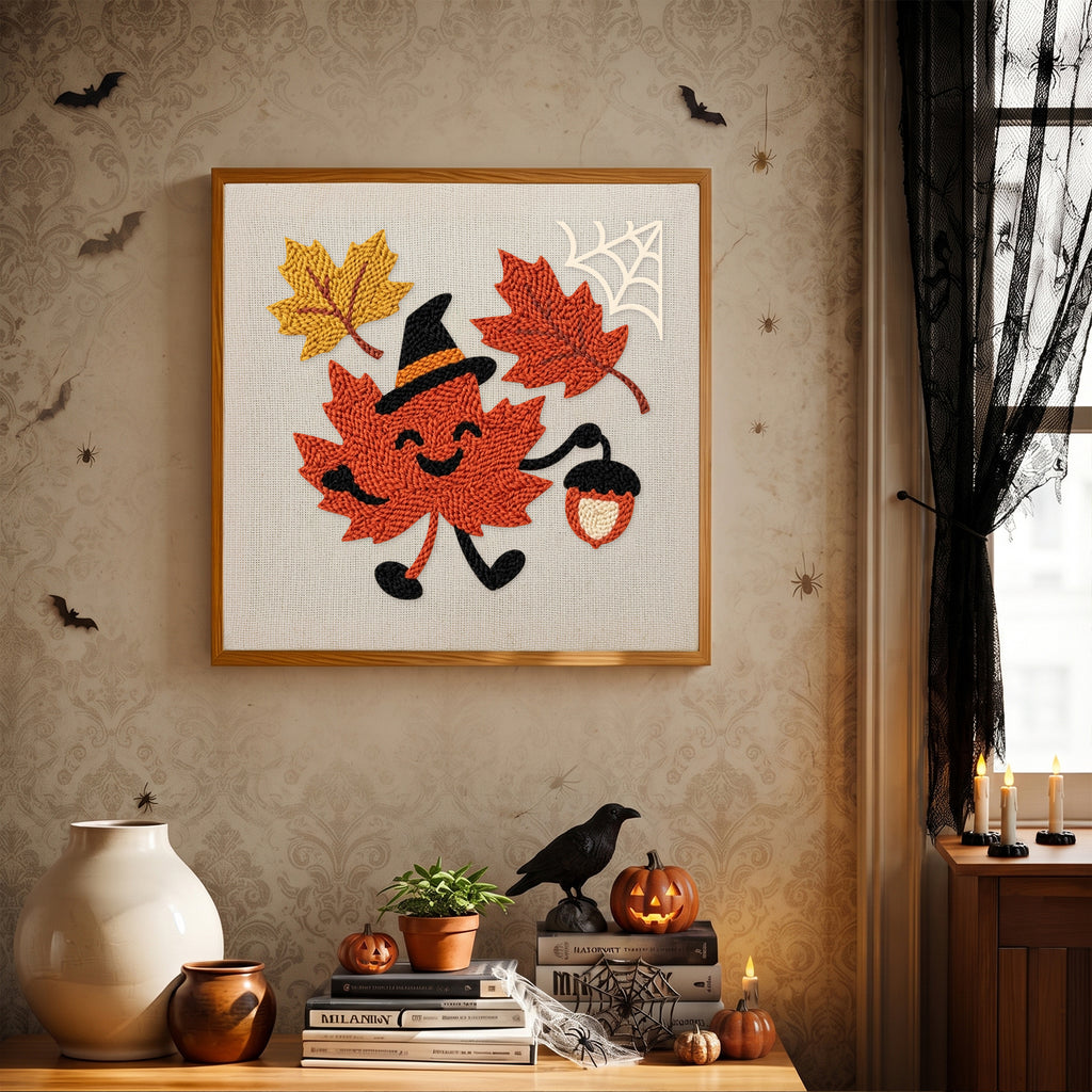 Finished Maple Leaf Witch punch needle canvas on a wall