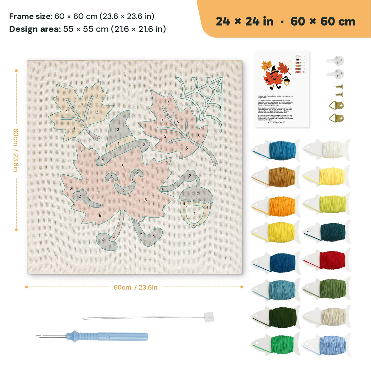 Maple Leaf Witch punch needle kit, 24 × 24 in (60 × 60 cm): canvas size and kit contents