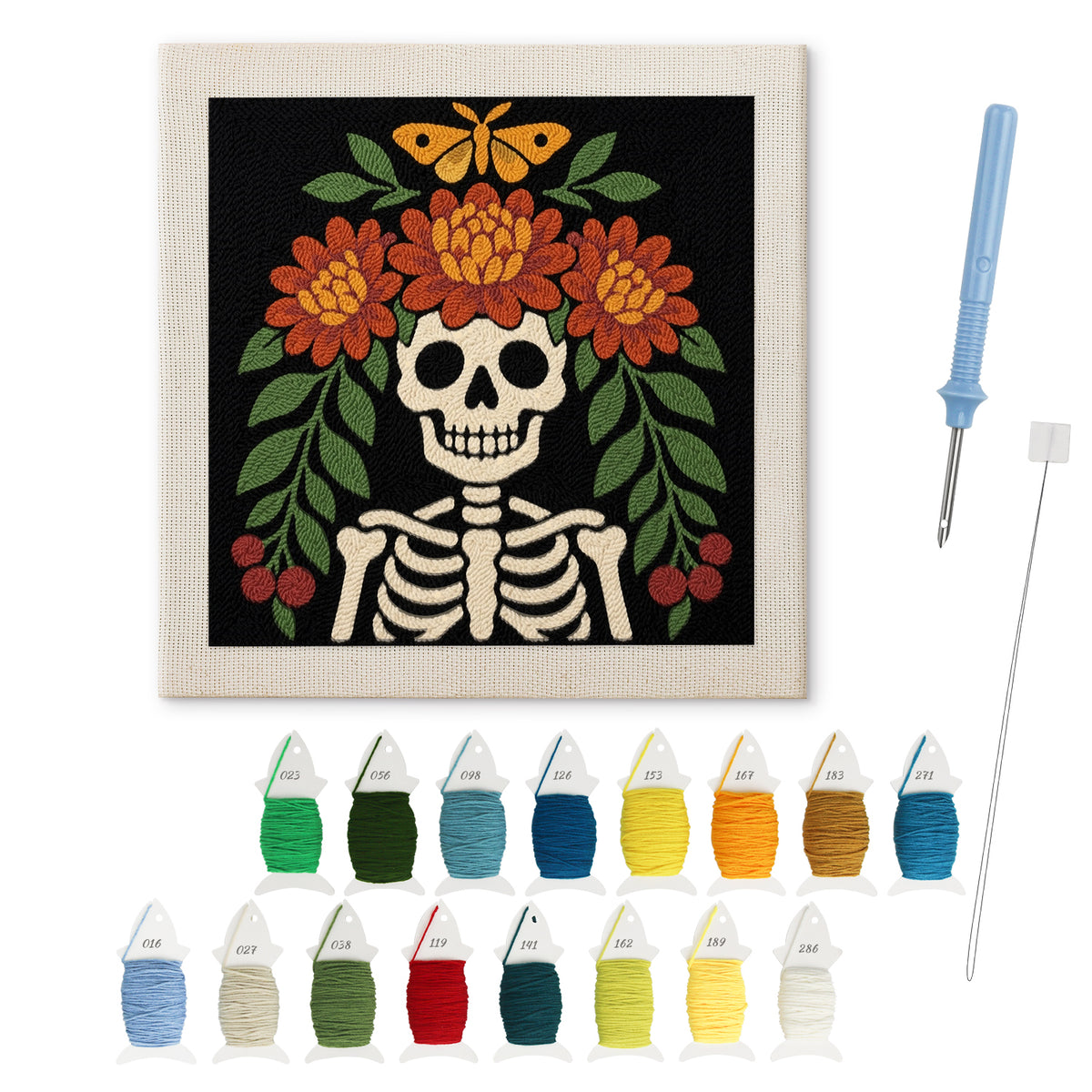 Marigold Crown Skeleton punch needle kit: finished canvas with threads, punch needle and threader