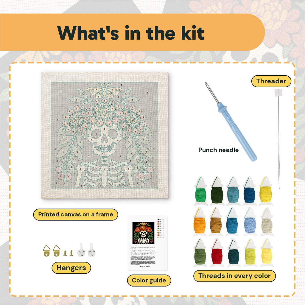 What is in the Marigold Crown Skeleton kit: printed canvas, punch needle, threader, threads, color guide and hangers