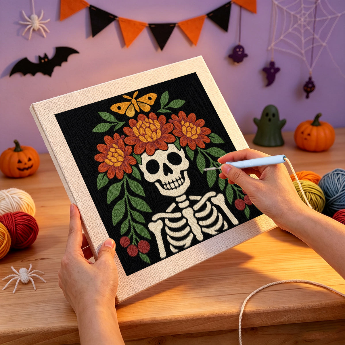 Punching the Marigold Crown Skeleton design with the punch needle