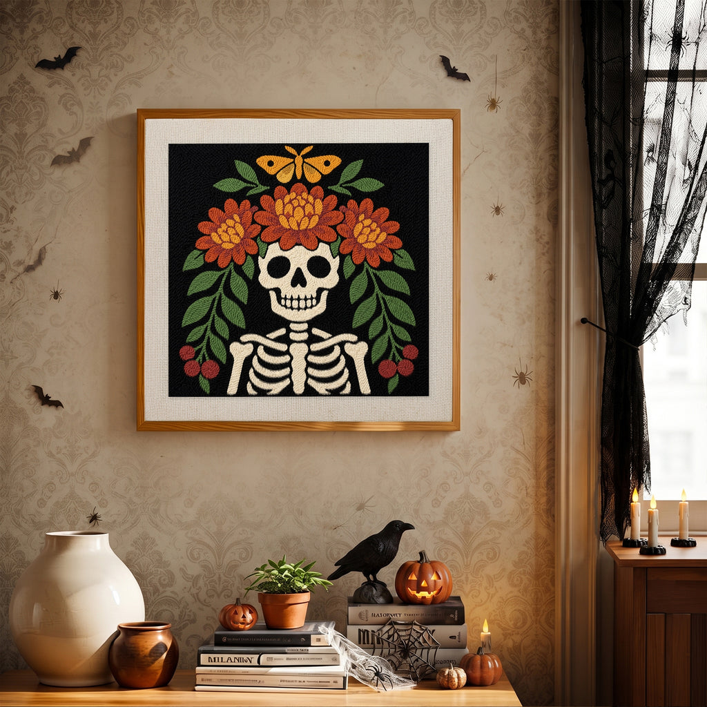 Finished Marigold Crown Skeleton punch needle canvas on a wall