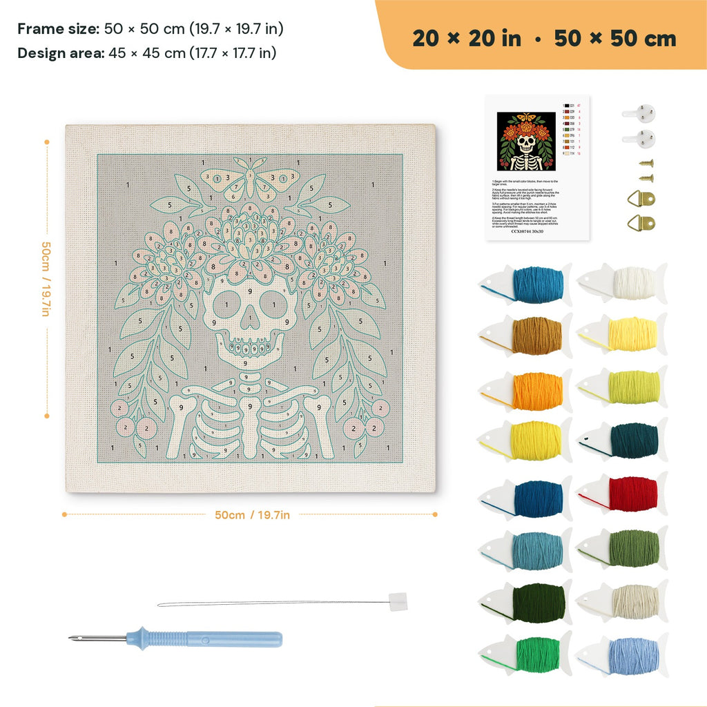 Marigold Crown Skeleton punch needle kit, 20 × 20 in (50 × 50 cm): canvas size and kit contents