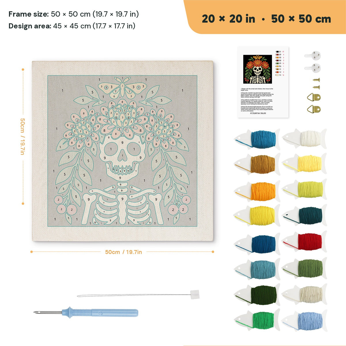 Marigold Crown Skeleton punch needle kit, 20 × 20 in (50 × 50 cm): canvas size and kit contents