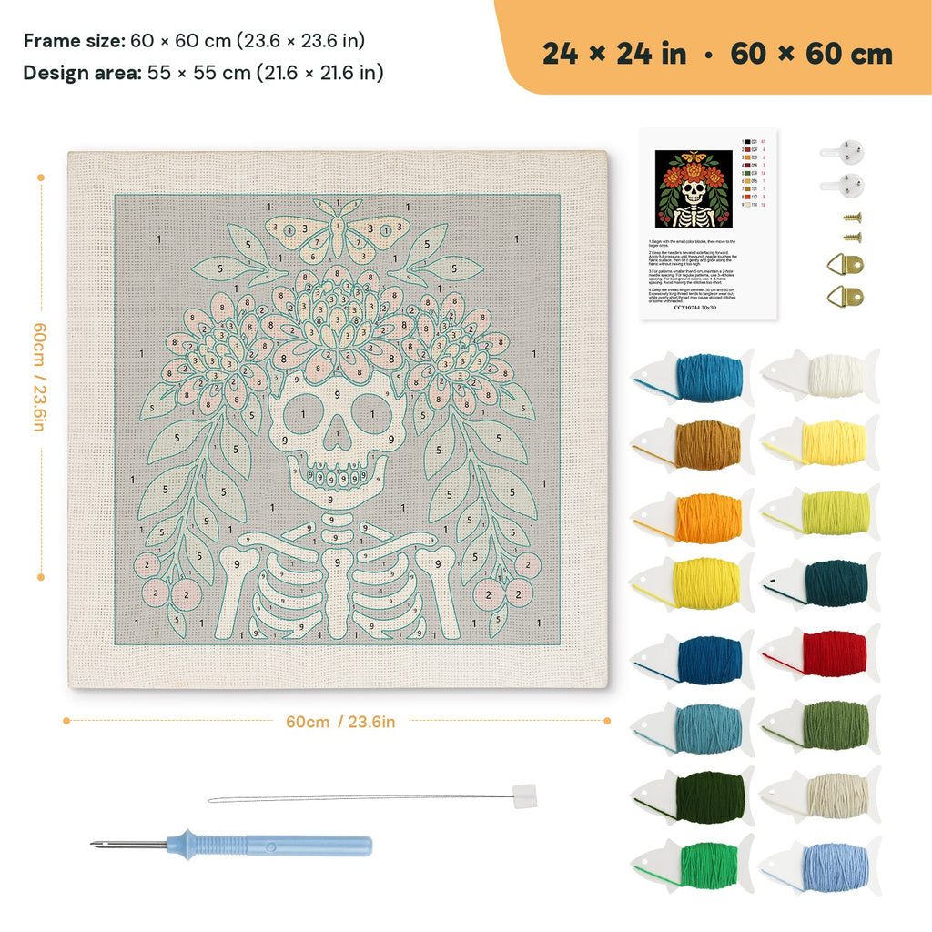 Marigold Crown Skeleton punch needle kit, 24 × 24 in (60 × 60 cm): canvas size and kit contents