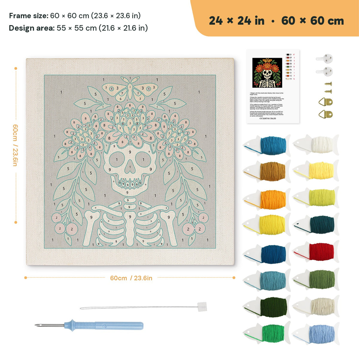 Marigold Crown Skeleton punch needle kit, 24 × 24 in (60 × 60 cm): canvas size and kit contents