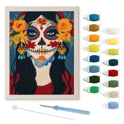 Marigold Sugar Skull punch needle kit: finished canvas with threads, punch needle and threader