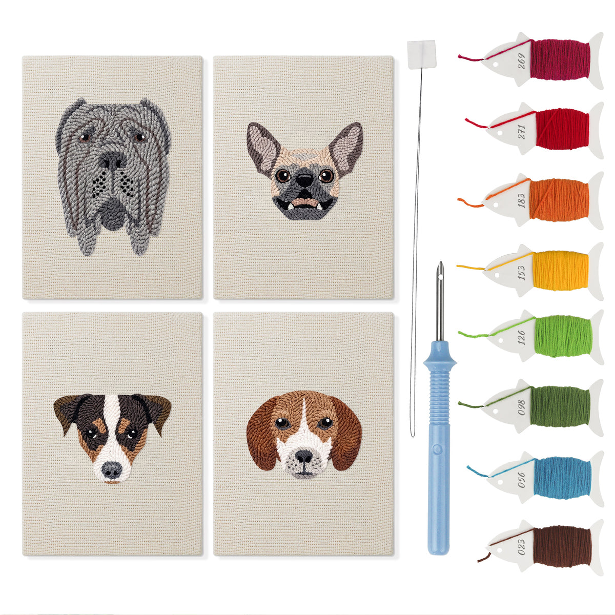 Mastiff and Beagle mini punch needle kit set: four finished canvases with threads, punch needle and threader