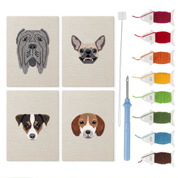 Mastiff and Beagle mini punch needle kit set: four finished canvases with threads, punch needle and threader