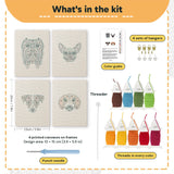 What is in the Mastiff and Beagle set: 4 printed canvases, punch needle, threader, threads, color guide and 4 sets of hangers (6 × 8 in (15 × 20 cm) each)