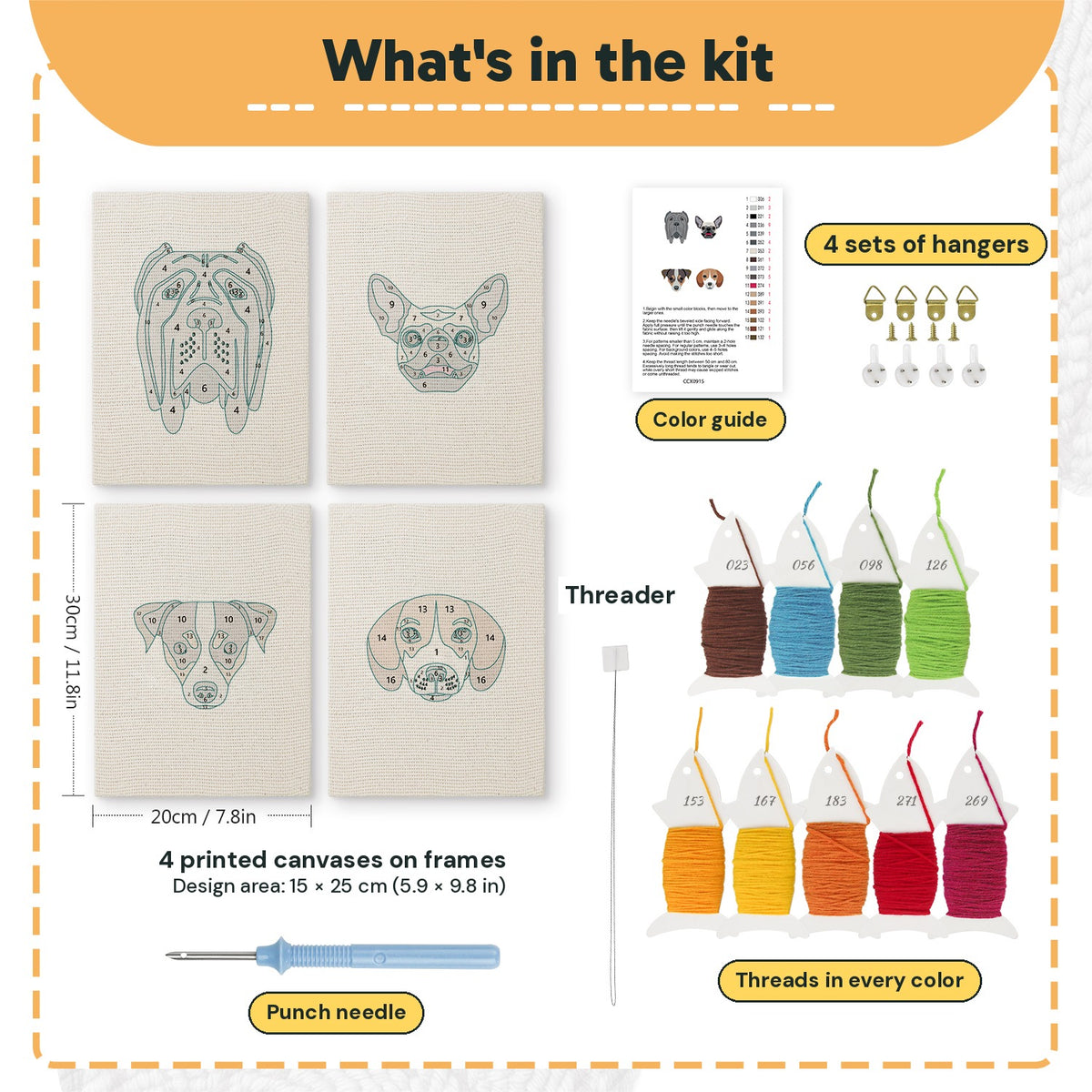 What is in the Mastiff and Beagle set, 8 × 12 in (20 × 30 cm) each: 4 printed canvases, punch needle, threader, threads, color guide and 4 sets of hangers