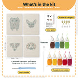 What is in the Mastiff and Beagle set, 8 × 12 in (20 × 30 cm) each: 4 printed canvases, punch needle, threader, threads, color guide and 4 sets of hangers