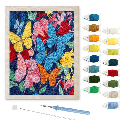Midnight Butterflies punch needle kit: finished canvas with threads, punch needle and threader
