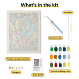 What is in the Midnight Butterflies kit: printed canvas, punch needle, threader, threads, color guide and hangers