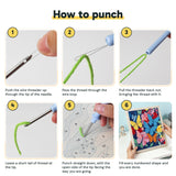 Six steps showing how to thread and use the punch needle