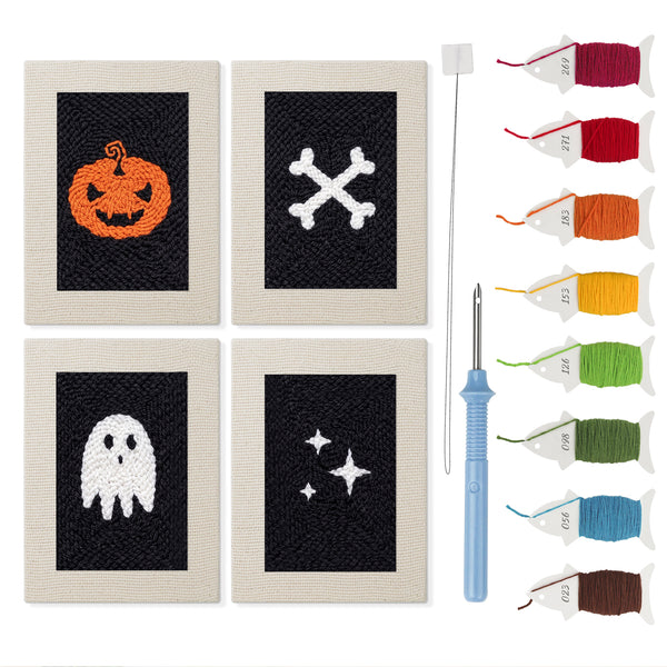 Midnight Ghost mini punch needle kit set: four finished canvases with threads, punch needle and threader