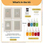 What is in the Midnight Ghost set: 4 printed canvases, punch needle, threader, threads, color guide and 4 sets of hangers (6 × 8 in (15 × 20 cm) each)