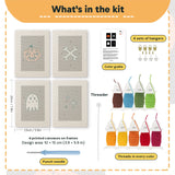 What is in the Midnight Ghost set: 4 printed canvases, punch needle, threader, threads, color guide and 4 sets of hangers (6 × 8 in (15 × 20 cm) each)