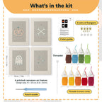 What is in the Midnight Ghost set, 8 × 12 in (20 × 30 cm) each: 4 printed canvases, punch needle, threader, threads, color guide and 4 sets of hangers