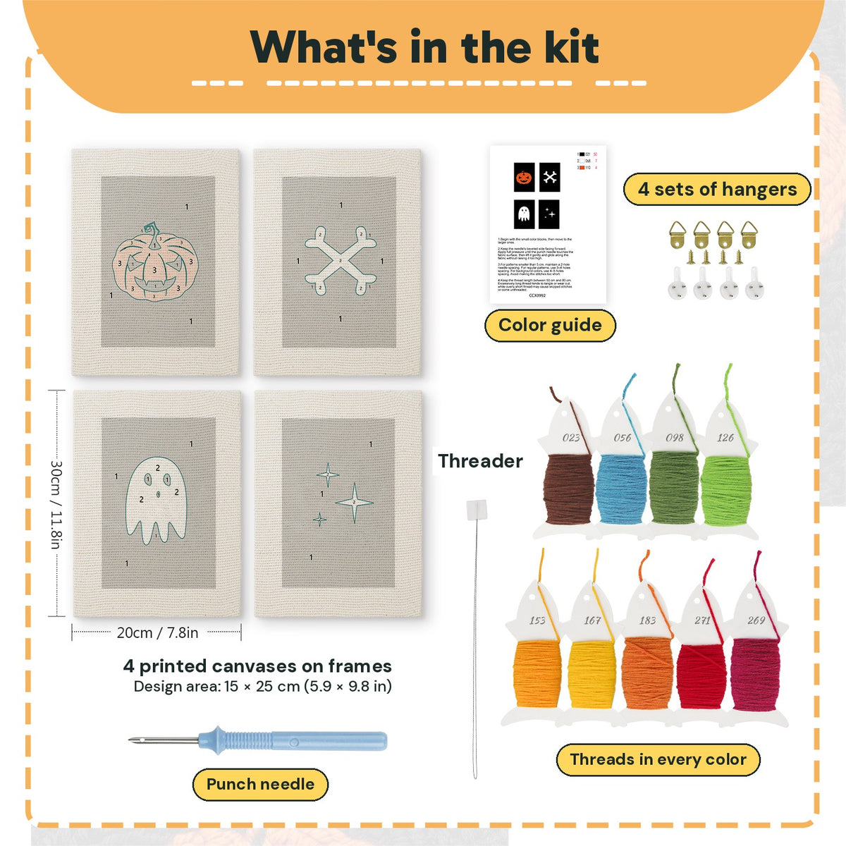 What is in the Midnight Ghost set, 8 × 12 in (20 × 30 cm) each: 4 printed canvases, punch needle, threader, threads, color guide and 4 sets of hangers
