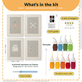 What is in the Midnight Ghost set, 8 × 12 in (20 × 30 cm) each: 4 printed canvases, punch needle, threader, threads, color guide and 4 sets of hangers