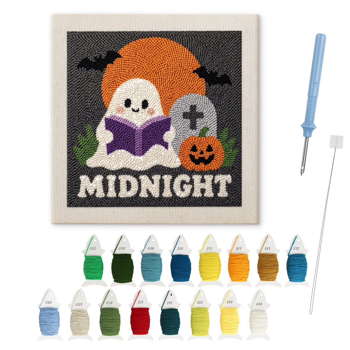 Midnight Reading Ghost punch needle kit: finished canvas with threads, punch needle and threader