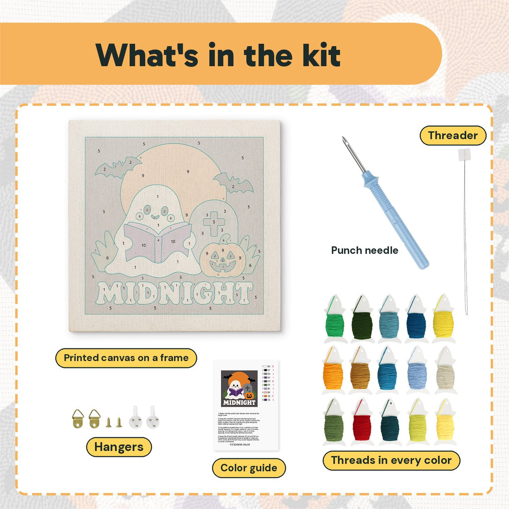 What is in the Midnight Reading Ghost kit: printed canvas, punch needle, threader, threads, color guide and hangers