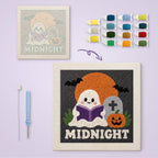 Midnight Reading Ghost canvas before and after punching, with the threads and tools