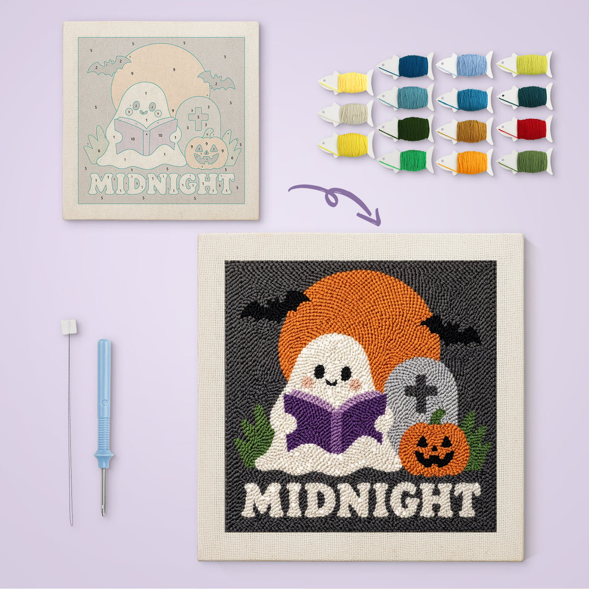 Midnight Reading Ghost canvas before and after punching, with the threads and tools
