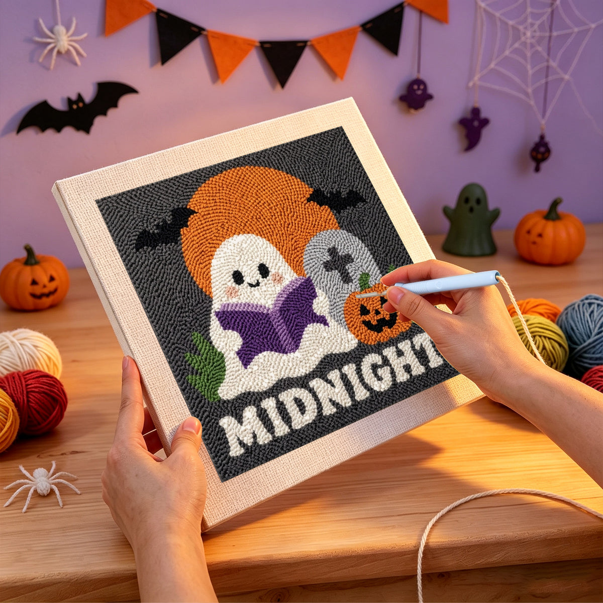 Punching the Midnight Reading Ghost design with the punch needle