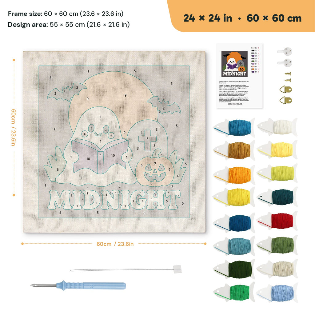 Midnight Reading Ghost punch needle kit, 24 × 24 in (60 × 60 cm): canvas size and kit contents