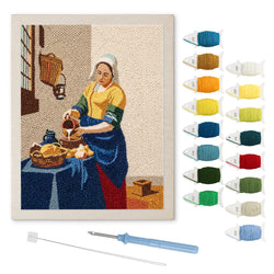 Milkmaid at Window punch needle kit: finished canvas with threads, punch needle and threader