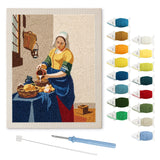 Milkmaid at Window punch needle kit: finished canvas with threads, punch needle and threader