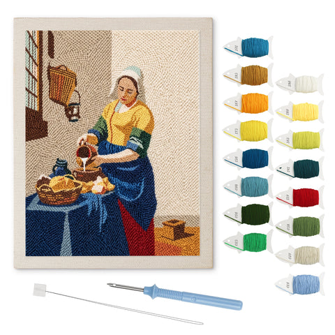 Milkmaid at Window punch needle kit: finished canvas with threads, punch needle and threader