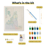 What is in the Milkmaid at Window kit: printed canvas, punch needle, threader, threads, color guide and hangers