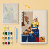 Milkmaid at Window canvas before and after punching, with the threads and tools