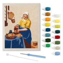 Milkmaid Pouring punch needle kit: finished canvas with threads, punch needle and threader