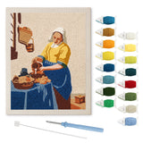 Milkmaid Pouring punch needle kit: finished canvas with threads, punch needle and threader