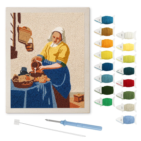 Milkmaid Pouring punch needle kit: finished canvas with threads, punch needle and threader