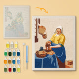 Milkmaid Pouring canvas before and after punching, with the threads and tools