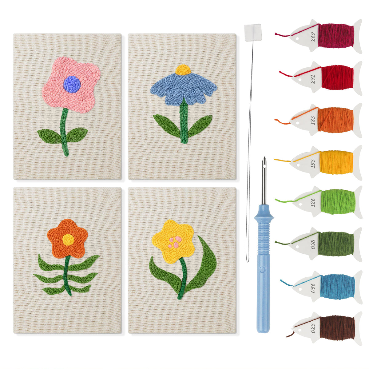 Mixed Meadow Blooms mini punch needle kit set: four finished canvases with threads, punch needle and threader