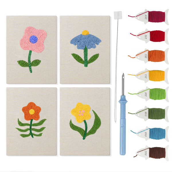 Mixed Meadow Blooms mini punch needle kit set: four finished canvases with threads, punch needle and threader