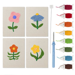 Mixed Meadow Blooms mini punch needle kit set: four finished canvases with threads, punch needle and threader