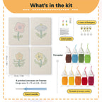 What is in the Mixed Meadow Blooms set: 4 printed canvases, punch needle, threader, threads, color guide and 4 sets of hangers (6 × 8 in (15 × 20 cm) each)