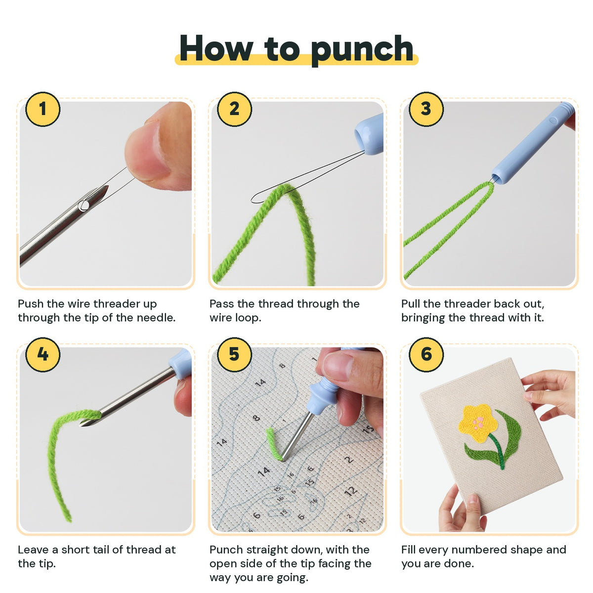 Six steps showing how to thread and use the punch needle