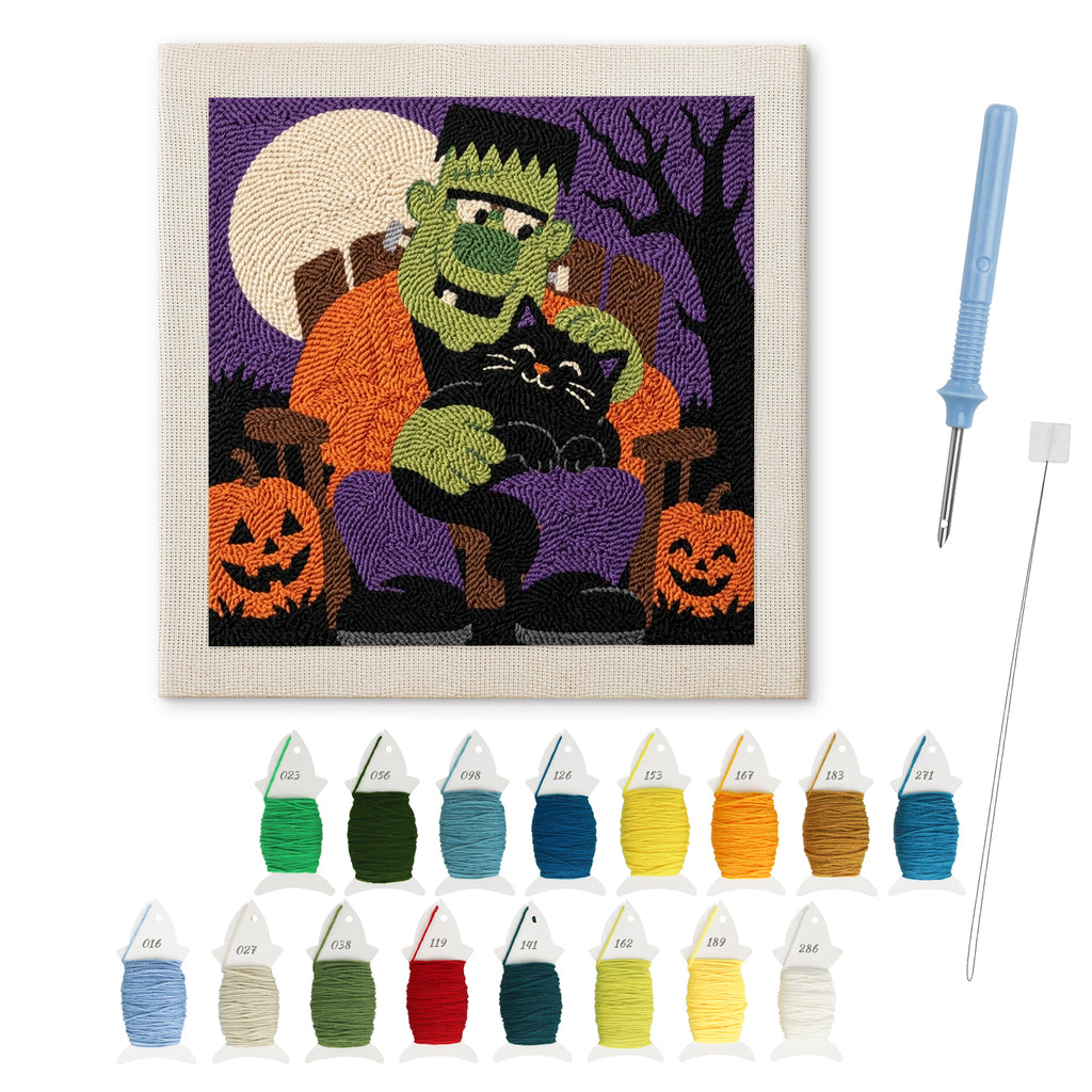 Monster and Cat Nap punch needle kit: finished canvas with threads, punch needle and threader